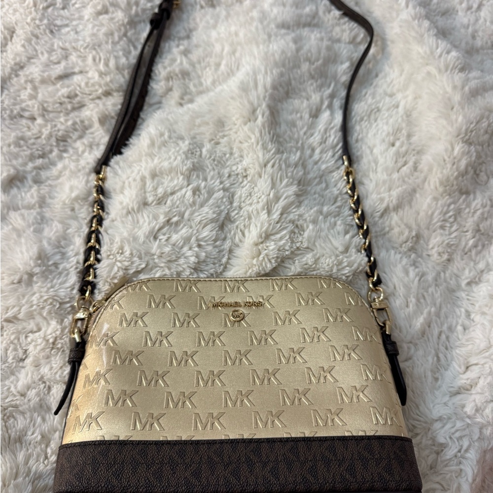 Michael Kors Jet Set Charm Large Dome Crossbody Brown and gold